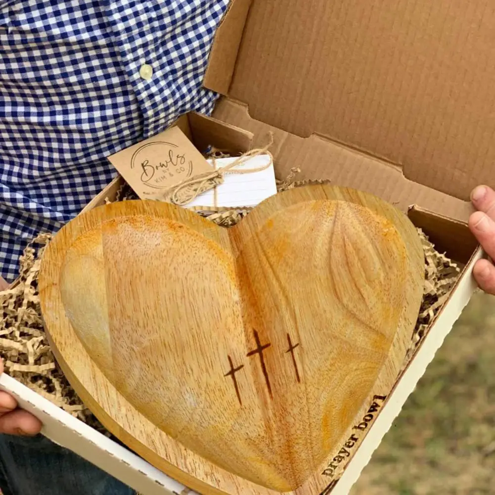 Unique Wooden Heart Prayer Bowl Handcrafted Heart Shape Serving Bowl Artisan Wooden Salad Bowl Handcrafted Bowls with Cards