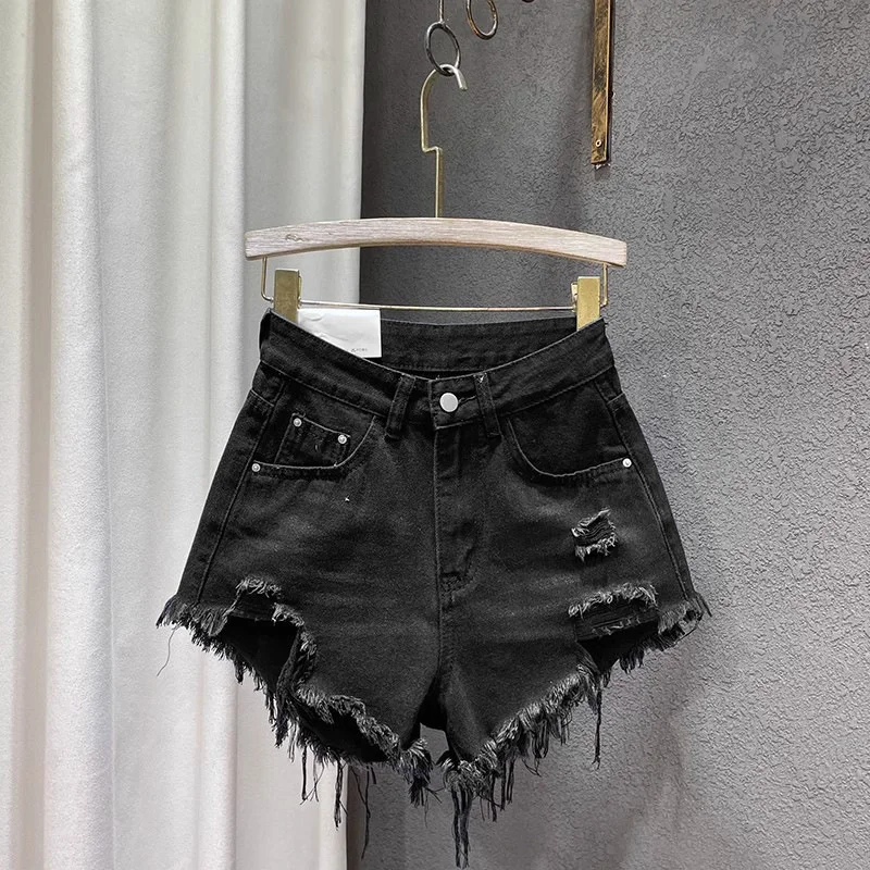 Women Gray High Waist Denim Shorts Female Summer Hottie Show Hole Fringe Fur-Edged Beggar Wide Leg Pants Hot Jeans Mujer