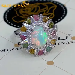 SACE GEMS New Luxury 925 Sterling Silver 7*9MM Natural Opal Gemstone Rings for Women Engagement Cocktail Party Fine Jewelry