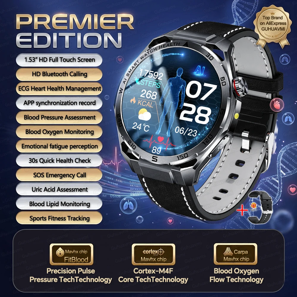 2026New Nursing-Grade AI ECG Smart Watch 1.53''Sapphire Glass Heart Rate Blood Lipid Uric Acid Monitor Bluetooth Call Smartwatch image 3