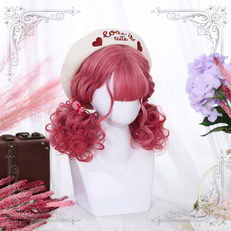 

High Quality Lolita Dark Pink Golden Air Bangs Retro Mid-Length Curly Hair Wig Cosplay Party