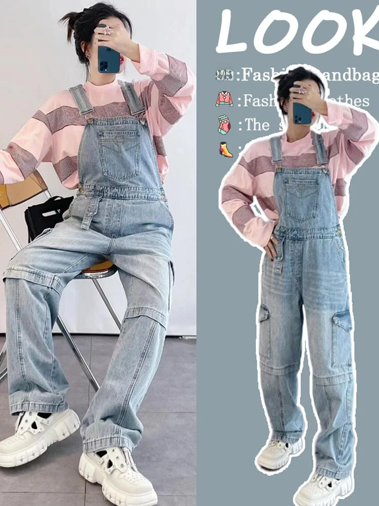 

Rose S Women's Denim Overalls Straight Leg High Waist Thiened Jeans Spring Autumn Small Size Trendy Long Pants