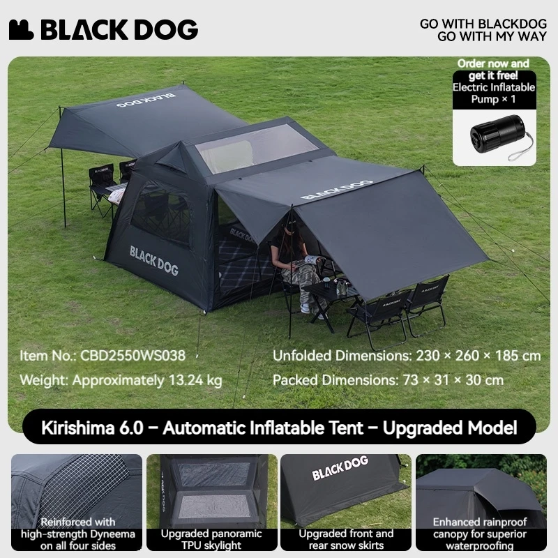 BLACKDOG Upgrade Versterkte Opblaasbare Campingtent Zwart Gecoat ​ ​ Stormbestendig, automatisch opblaasbaar, geschikt voor gebruik 's nachts, met sneeuwbeschermer.