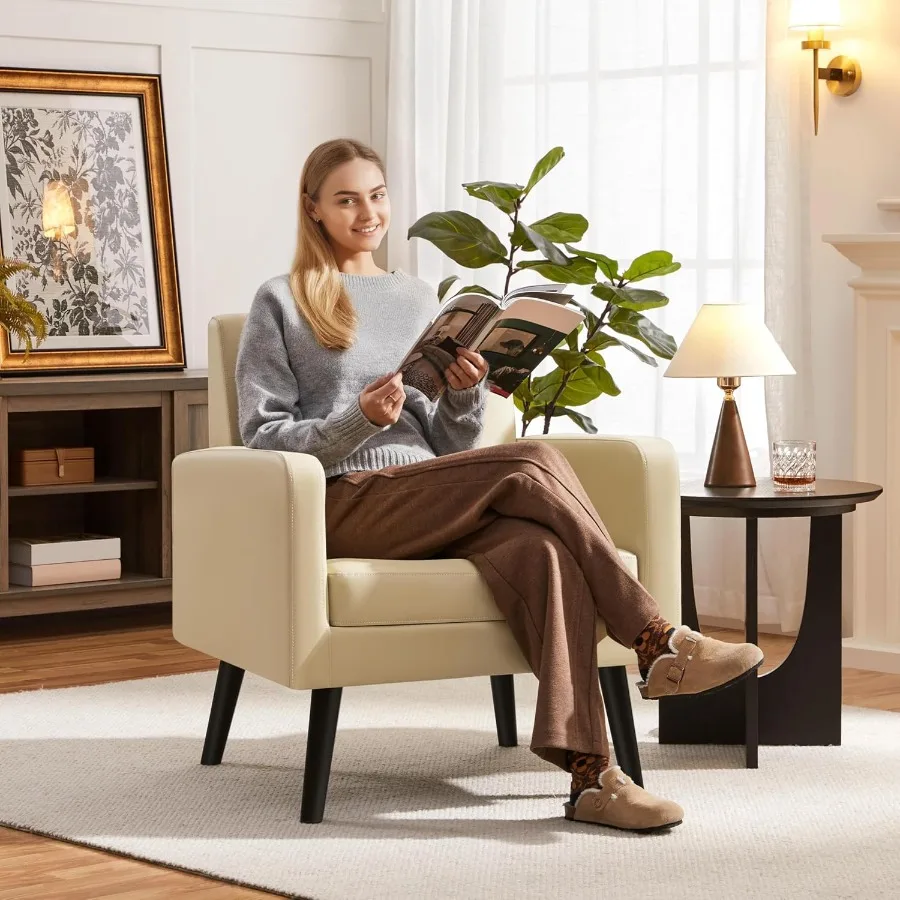 كراسي متوسطة القرن مصنوعة من جلد البولي يوريثان كرسي غرفة المعيشة المنجد الحديث مع كرسي بذراعين مريح وزر معنقدة من الخلف وأرجل خشبية P #2