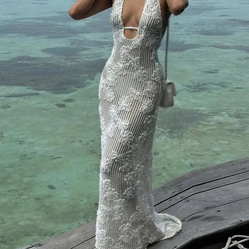 

Новые сексуальные жаккардовые длинные платья с лямкой на шее, модные летние трикотажные женские платья с открытой спиной, праздничное пляжное однотонное бикини, накидка