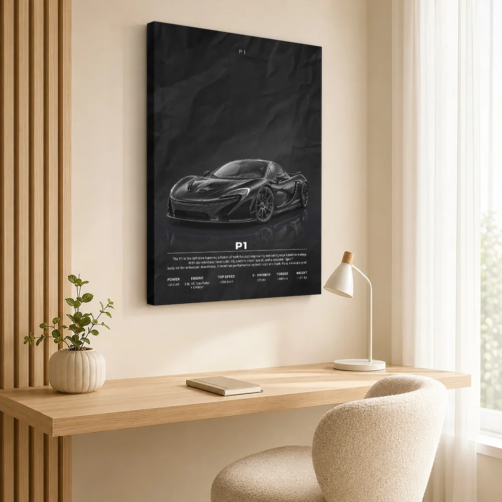 Black Sleek British P1 Hypercar Specification Canvas Painting Poster Customized Photo Blueprint Canvas Wall Art Man Cave Decor