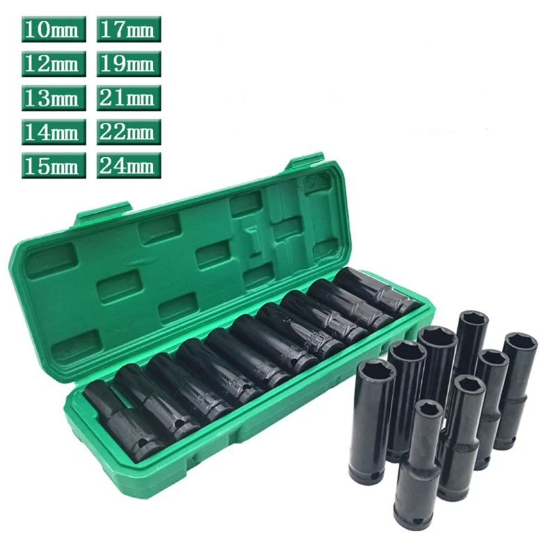 10 Pieces of 1/2 Electric Wrench Socket Head Pneumatic Socket Lithium Electric Wrench Hexagon Opening Lengthened