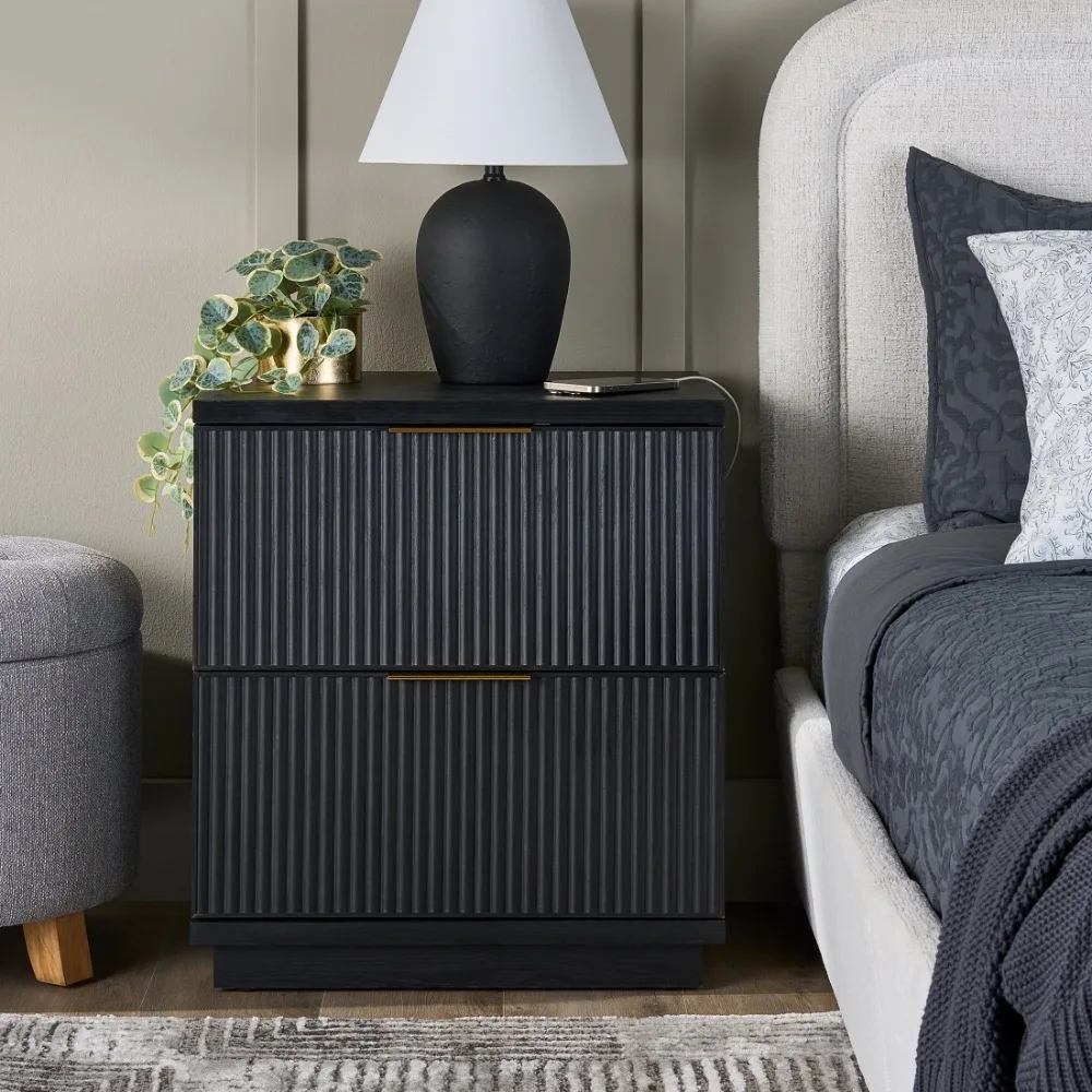 

Lillian Fluted 2-Drawer Nightstand, Rich Black Finish,Features two drawers with metal glides for smooth open and close