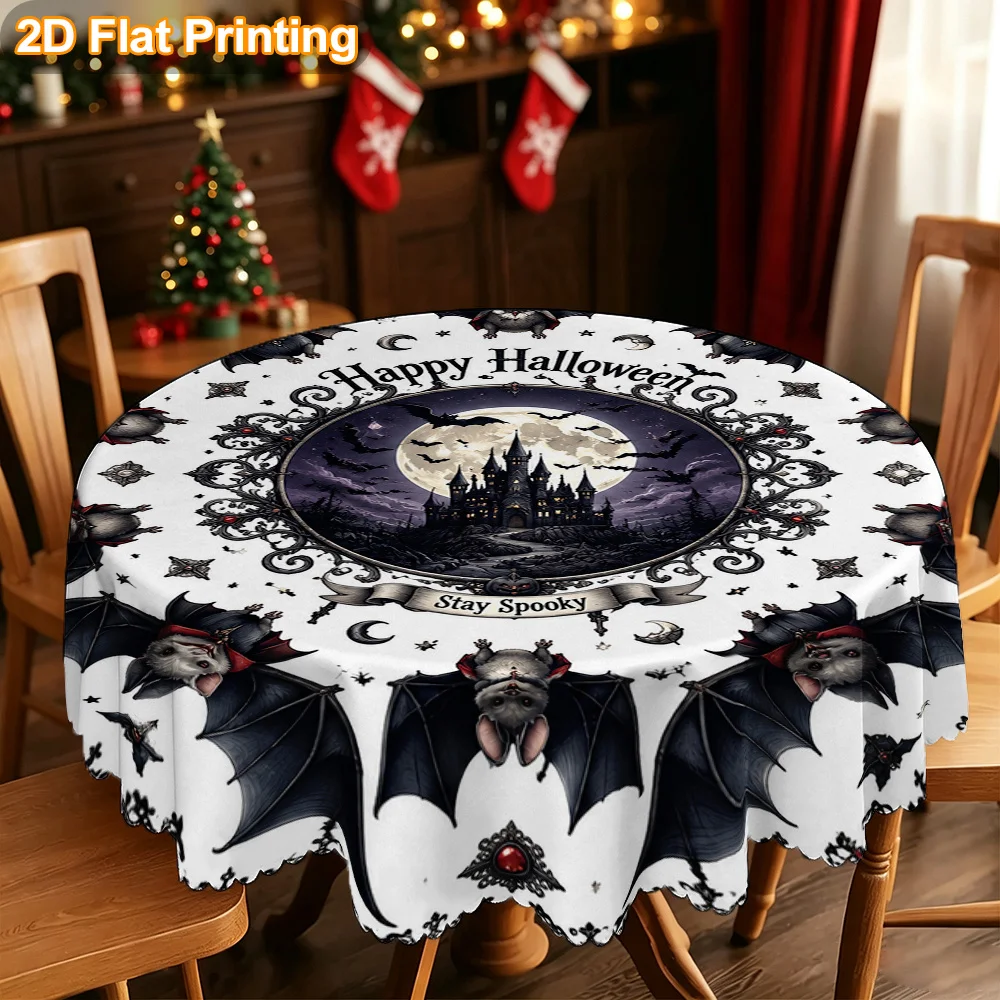 Tablecloth Christmas Gift 2D Flat Print. Pack of 1, Halloween Horror Bat Castle Pattern Round Tablecloth