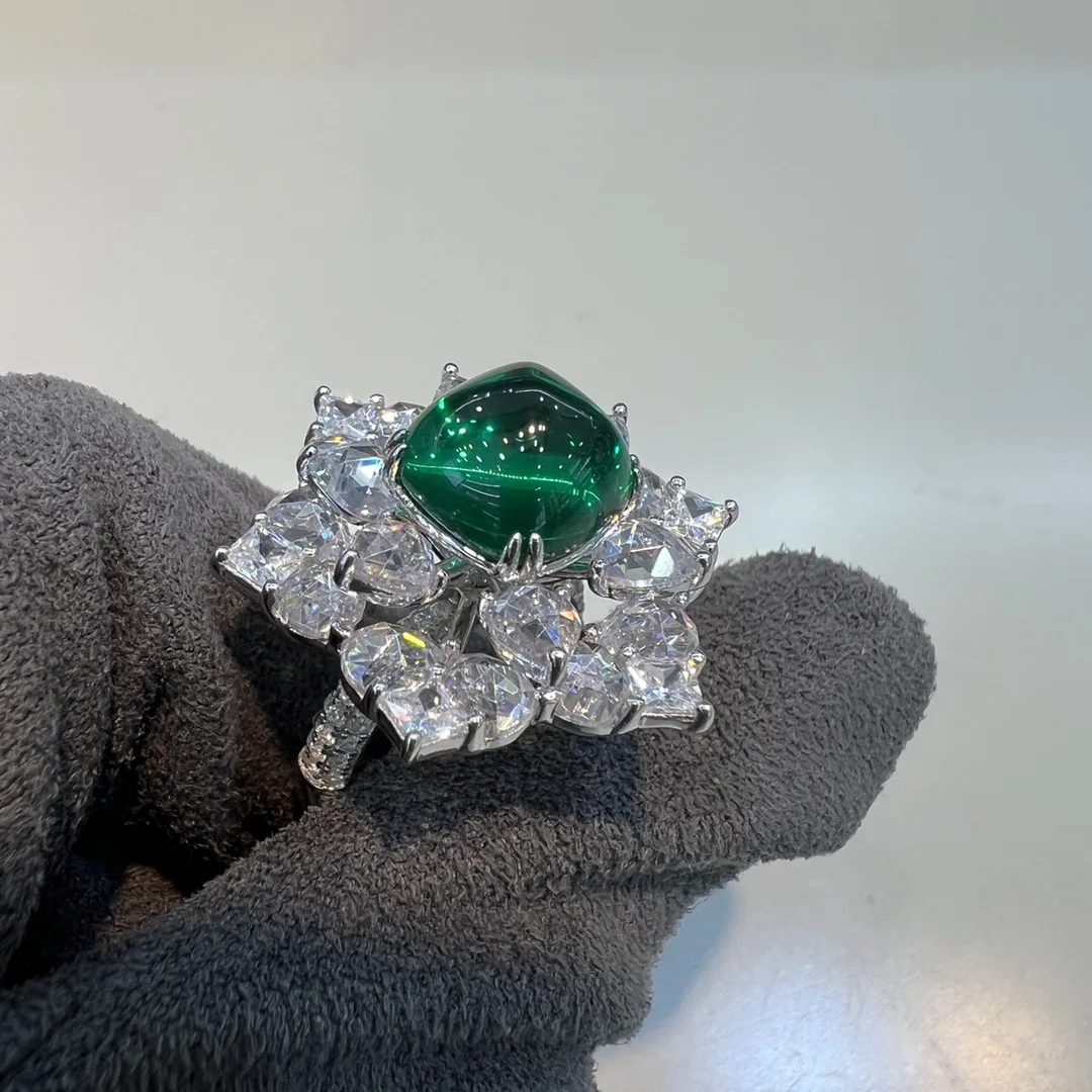 Luxury Pave Emerald Rings For Women Engagement Green Zircon Women 925 Sterling Silver Flower Ring Large Stone Crystal Valentine