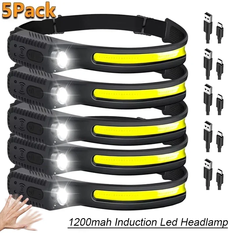 Lampada frontale a LED con sensore KDULIT Lampada frontale a induzione a onde larghe COB Batteria incorporata Lanterna per faro da pesca ricaricabile tramite USB