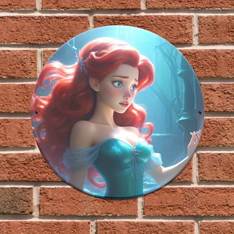 1 قطعة ديزني ارييل الأميرة خمر نمط 20.32x20.32 سم جولة الحديد جدار شنقا علامة الزخرفية ، ديكور مكتب متعدد الأغراض ، مثالية
