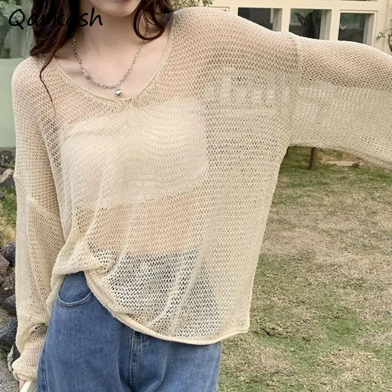 

Hollow Out Pullovers Women Sun-proof Baggy See-through Vintage Tender Summer Casual Streetwear Thin Clothing Knitting Lady Basic