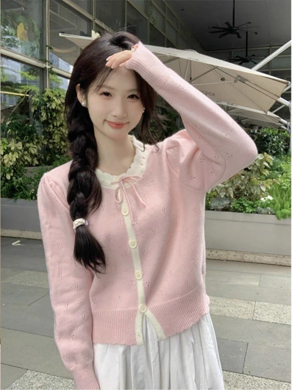 Green Knitted Open Cardigan Women's Spring Autumn New Design Hollow out Sweater Jacket Short Top for Small Figures