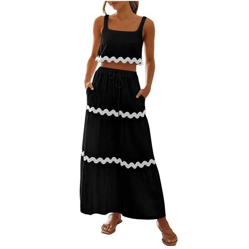 Women\'s S-2XL Size Skirt Set Square Neck Off Shoulder Sleeveless Suspended Tank Top Simple Loose Lace Up Long Skirt Set