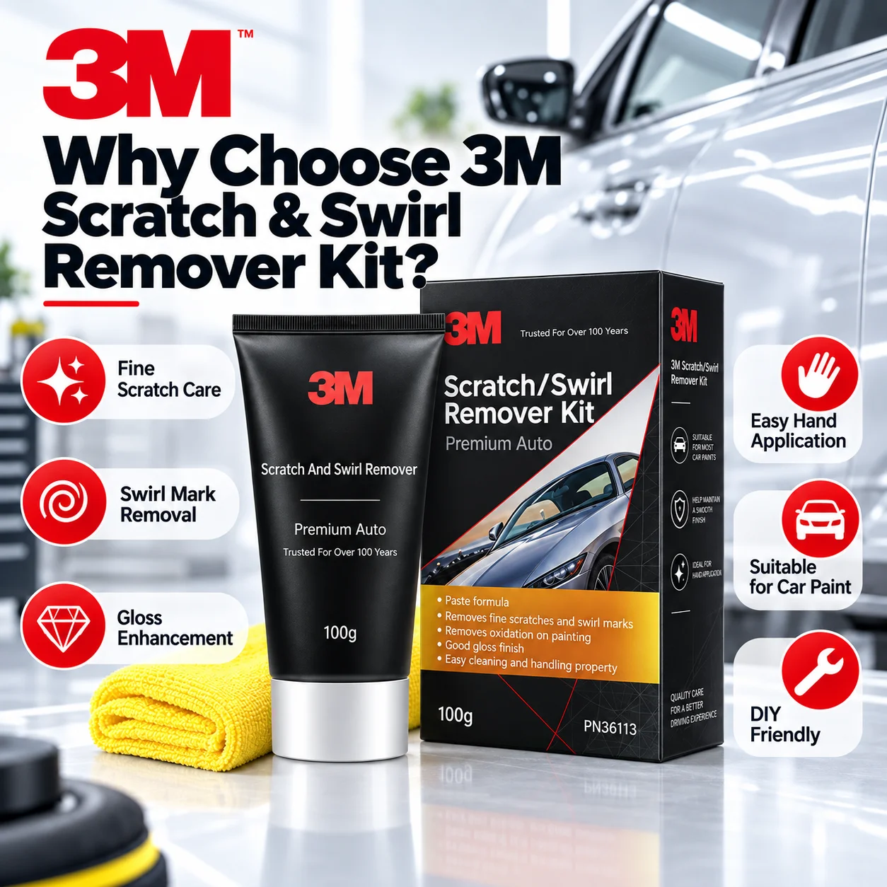 3M PN36113 Car Scratch & Swirl Remover Fine Scratch Polish Paste Restores Paint Gloss for Auto Paint Detailing DIY Repair 100g