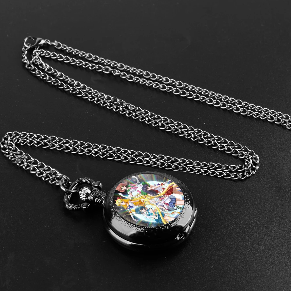 Handmade Glass Dome Black Quartz Pocket Watch With Durable Chain Arabic Numeral Dial Extraordinary Gifts for Women Kids