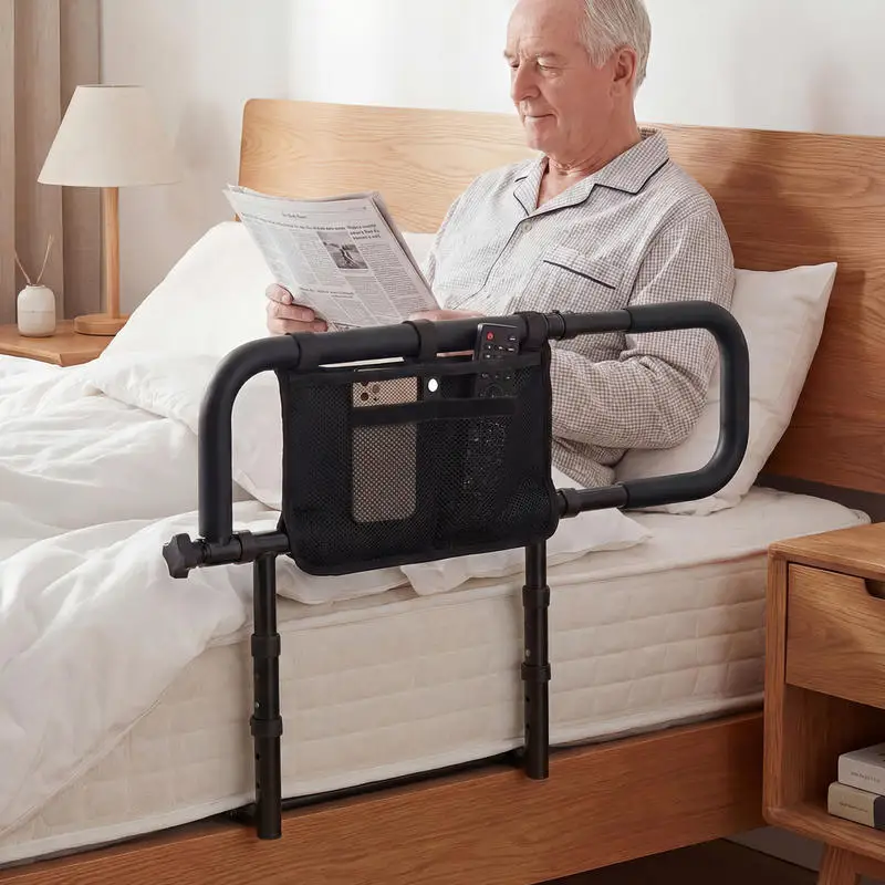 Barrière de lit pliable pour personnes âgées, barrière de lit sécurisée pour adultes âgés avec largeur et hauteur réglables, poche amovible, noir. Conception rabattable pratique pour un pliage facile du lit, structure stable protégeant les tout-petits de tomber du lit.