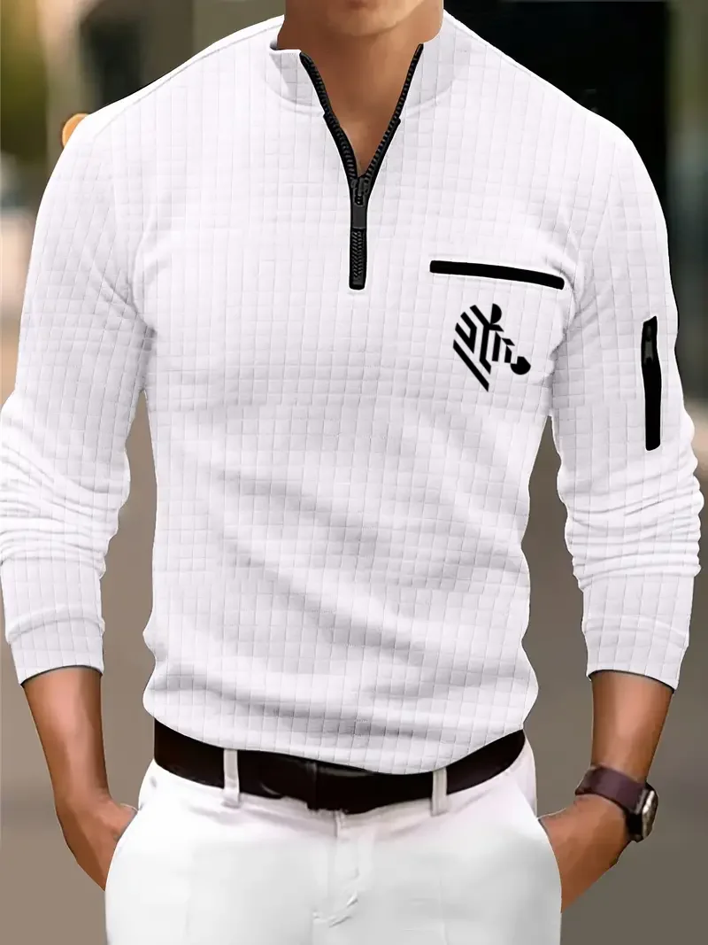 

Мужская повседневная рубашка-поло с длинным рукавом, весенне-осенняя спортивная толстовка на молнии с воротником-стойкой, пуловер с карманами, топ