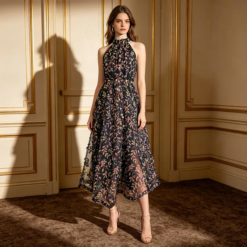 

High Quality Printing Mesh Big Swing Dress Spring Women Sleeveless Half Height Collar Casual Dress High Waist Knee Length Dress