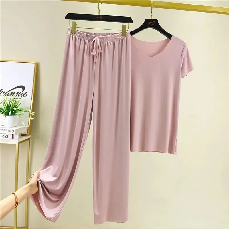 Women\'s Pajamas 2 Piece Loose Pants Set Solid Color Casual Plus Size 2X Sleepwear Short Sleeve Simple Homewear