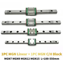 MGN12 MGN7 MGN9 MGN15 L from 100mm to 550mm Miniature Linear Rail Slide 1pcs MGN Linear Guide+1pcs MGN Carriage 3D Printer Part