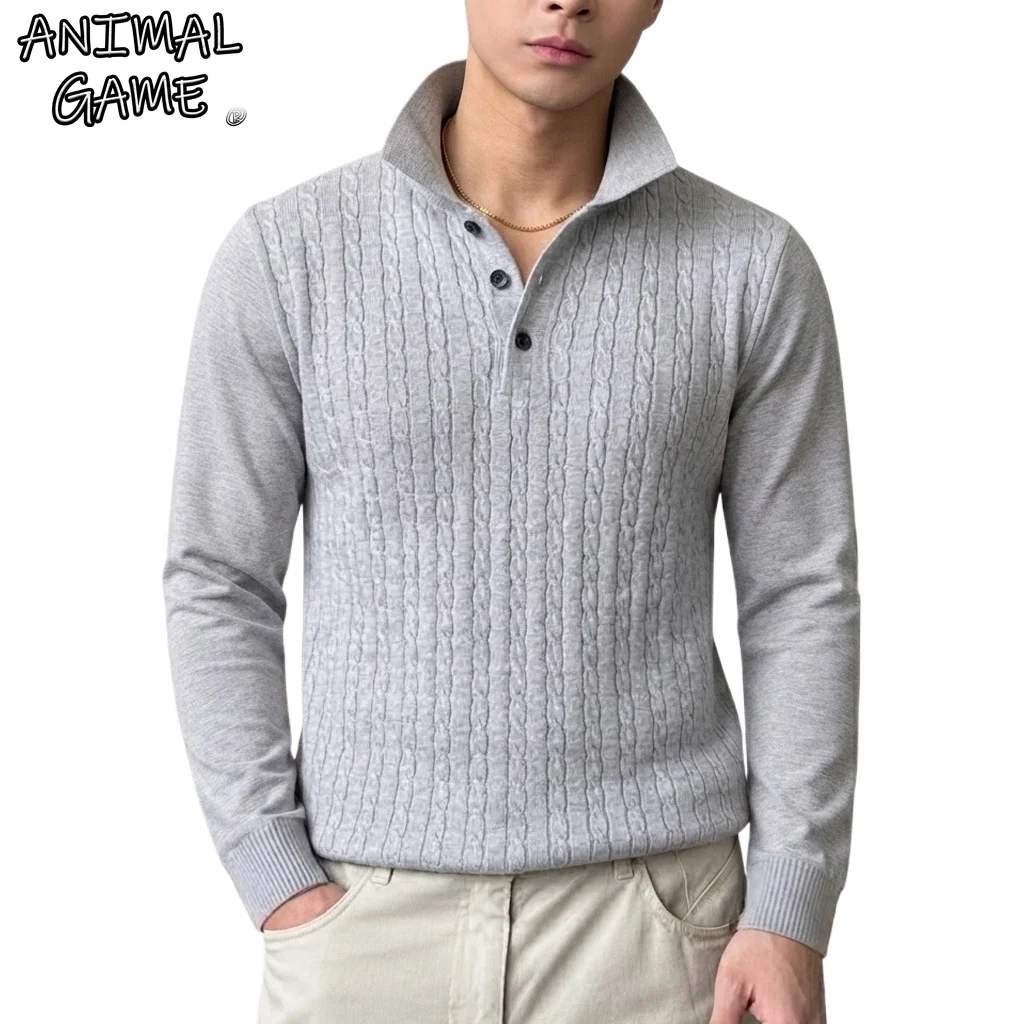 Autumn Men's Casual Cable Knit Sweater Long Sleeve Button Down Polo Lapel Collar Pullover Top Soft Warm Knitwear Jumpers Gym Man