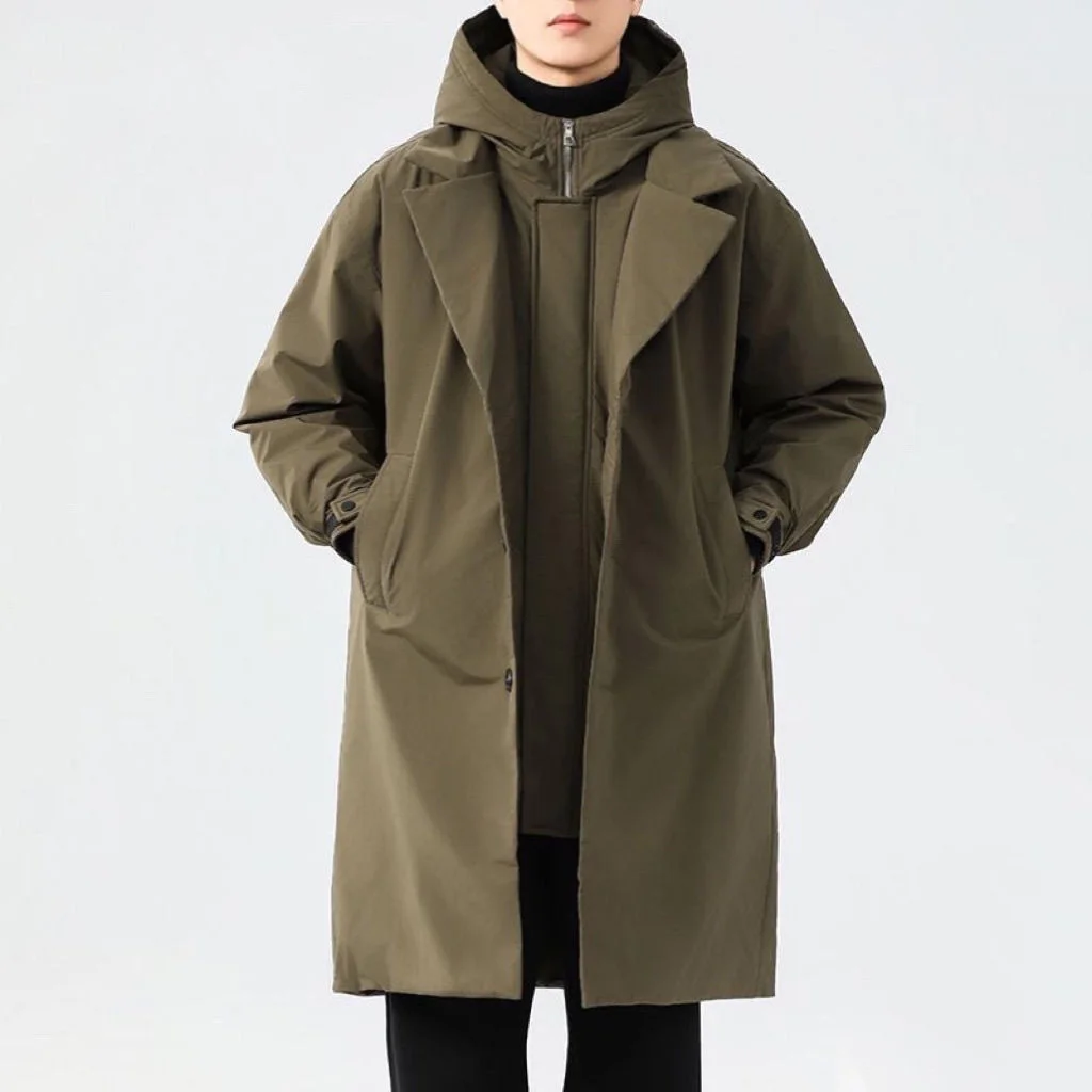 

Man Windbreaker Winter Thicken Windproof Warm Hooded Men Down Coat Vintage Mid Length Long Sleeve Male Fake Two-piece Outerwear