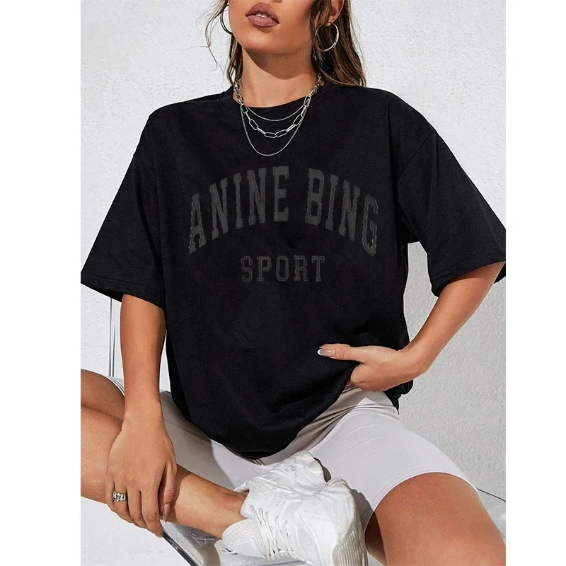 A Nine Bing Women Letter Print TShirt Casual Round Neck Short Sleeve Clothes Female Harajuku Unisex Cotton Tee Streetwear Tops