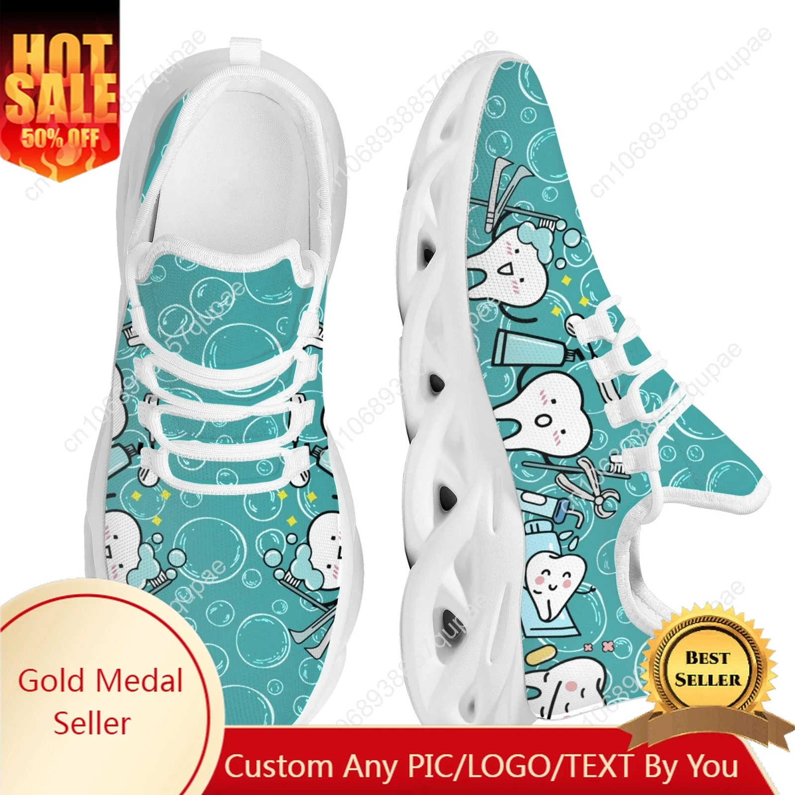 INSTANTARTS Casual Women's Dental Shoes Funny Teeth Dentist Design Flats Lace-up Sneakers Spring Breathable Beach Walking Shoe