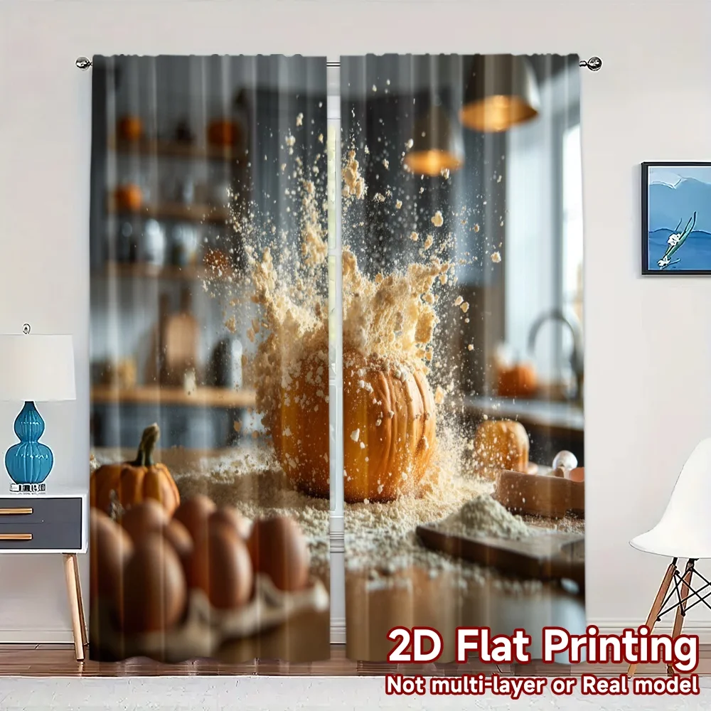 2pcs, 2D FLAT PRINTING Curtains (Without Rod) Pumpkin Burst Modern Curtain Modern Yarn Curtains Decorations For Home Ldeal for