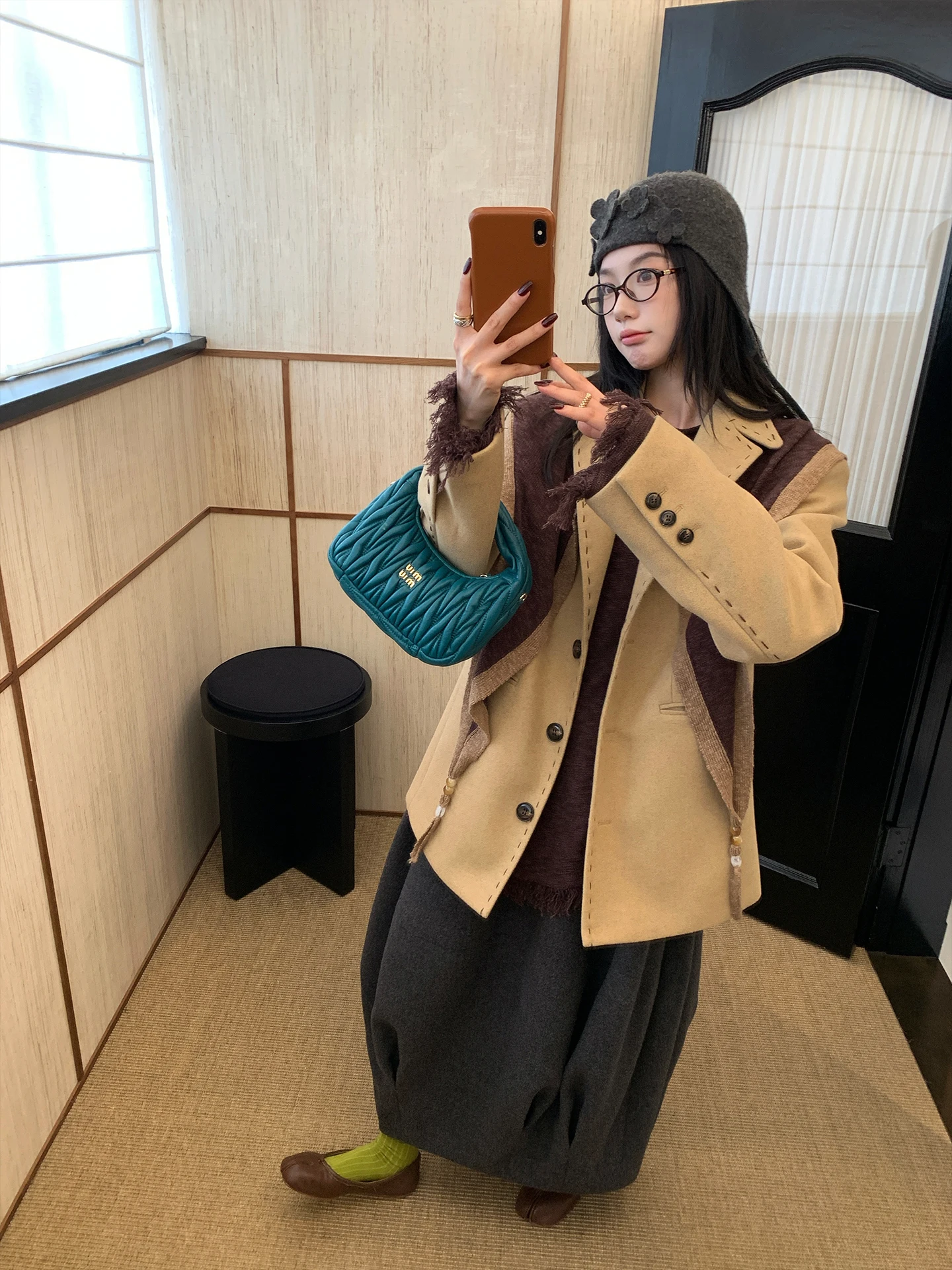 

Heavyweight Girl's 500G Woolen Suit Jaet Loose Vintage Sle Color Blo Polyester Fiber Casual Long Sve Single Button