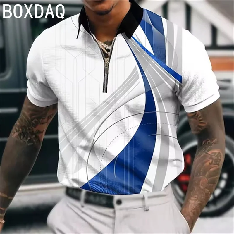 Fashion Gradient Colorful Line Print Polo Shirt Men's Summer Big Size Short Sleeve Lapel Zipper Polos Men Casual Pullover Tops
