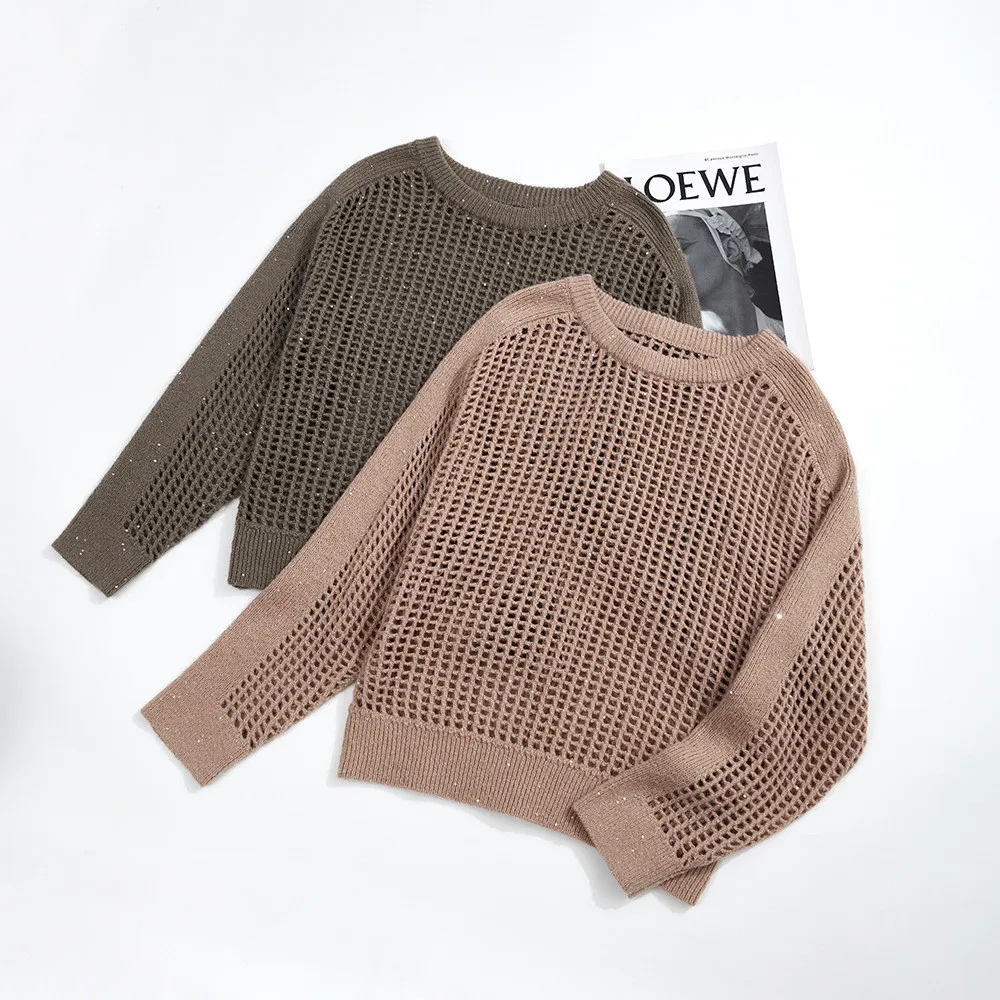 

25 Autumn New Women's Round Neck Sparkling Mesh Hole Hollow Knitted Top