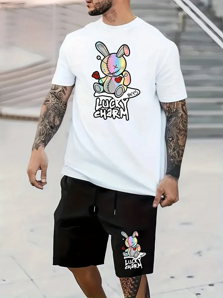 Men\'s Summer Daily Casual Short Sleeve Shorts Set Cartoon Bunny Doll and Lucky Charm Printed T-Shirt Shorts Set Home Pajamas Set