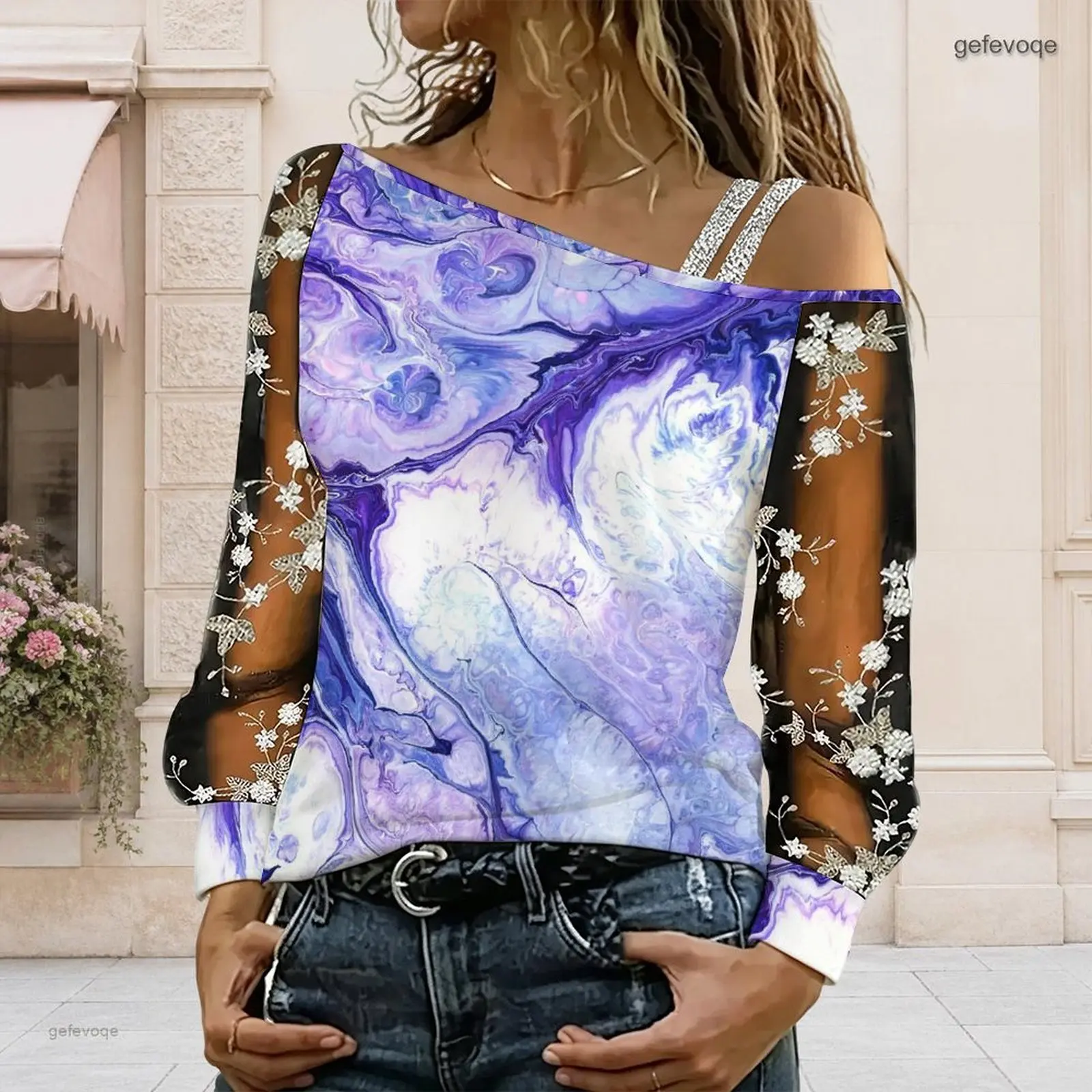 Women Off Shoulder Blouse Asymmetric One Shoulder Top Lace Floral Mesh Long Sleeve Sling Detail Loose Casual T Shirt