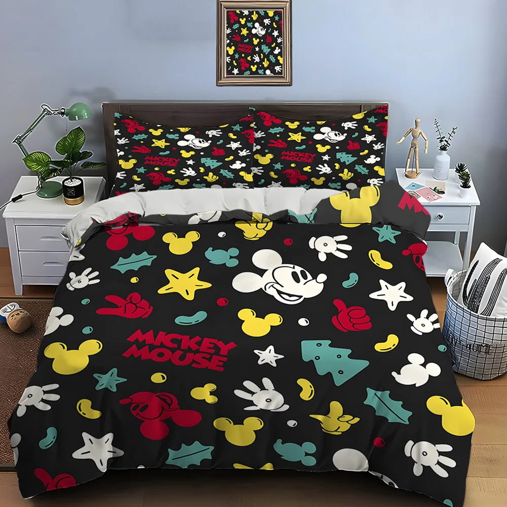 3PC Disney Mickey Mouse Printed Bedding Set Duvet Cover Anime Quilt Adult Kids Birthday Gift Full Size Bedding Set Luxury Gifts