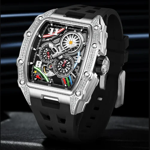 

HANBORO Men Automatic Watch Luxury 42mm Tonneau Mechanical Wristwatch Luminous 50M Waterproof Crystals Bezel Skeleton Dial