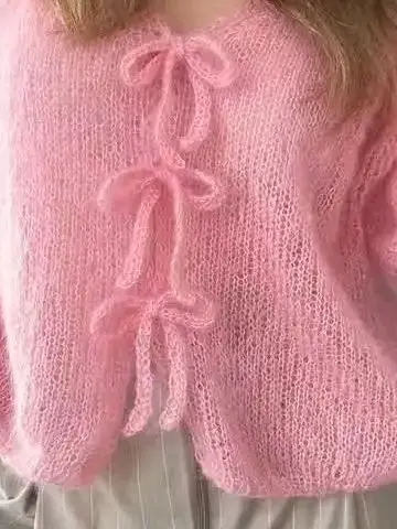 Korean lazy style pink tied  cardigan women's early spring loose V-neck knitted top