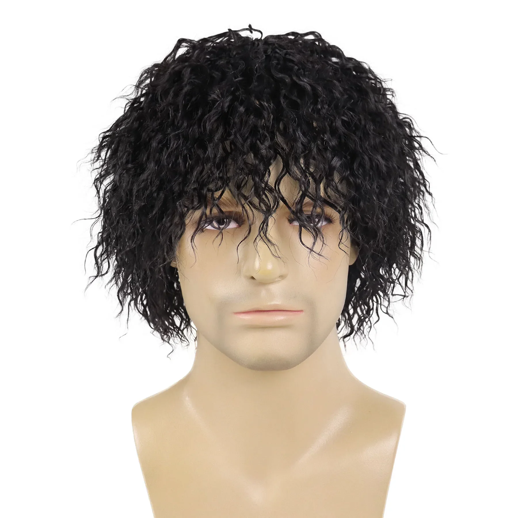 Peruca sintética preta masculina curta encaracolada com franja califórnia aparência molhada perucas de cabelo para fantasia cosplay uso diário de festa resistente ao calor