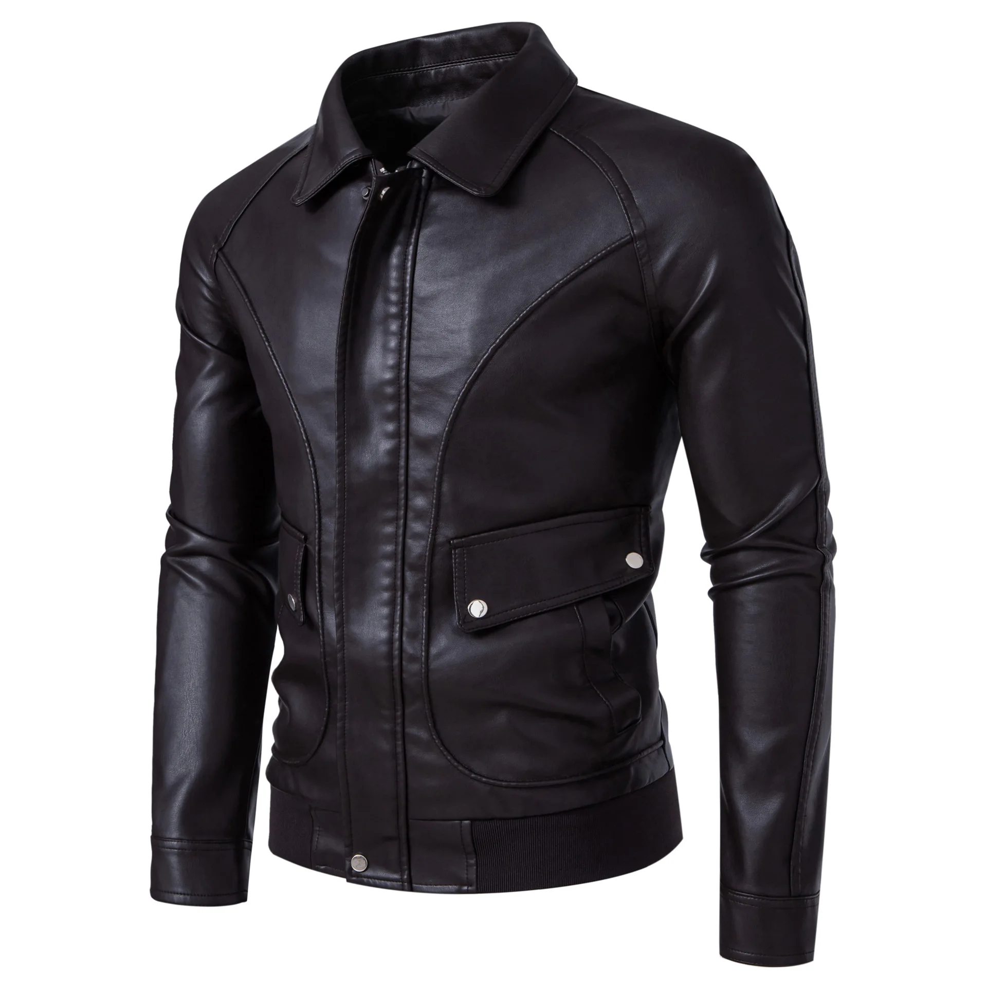 

Autumn Men's Lapel Leather Jacket New Men Black Biker PU Leather Coat Korean Fashionable Medium Long Motorcycle Work Clothes