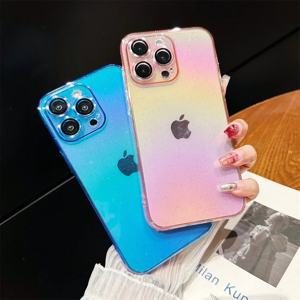 Dla iPhone 15Pro brokatowe kolorowe etui na iPhone 15 14 Pro Max 13 12 11 Gradient Rainbow Ultra Slim odporne na wstrząsy luksusowe etui