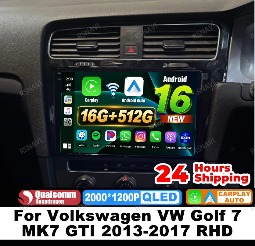 Radio para Auto Android 16 para Volkswagen VW Golf 7 MK7 GTI 2013-2017 RHD QLED 5G WIFI GPS Carplay Inalámbrico Reproductor de Video Auto DVD BT