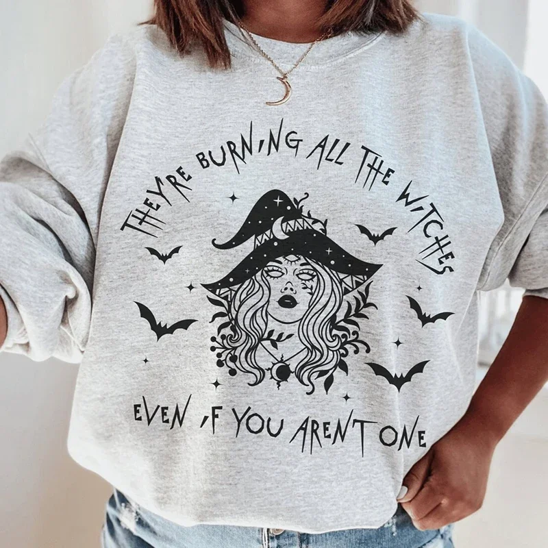 They're Burning All The Witches Wicca Sweatshirt Women Long Sleeve Halloween Graphic Hoodies Causal Loose Jumpers Womens Clothes