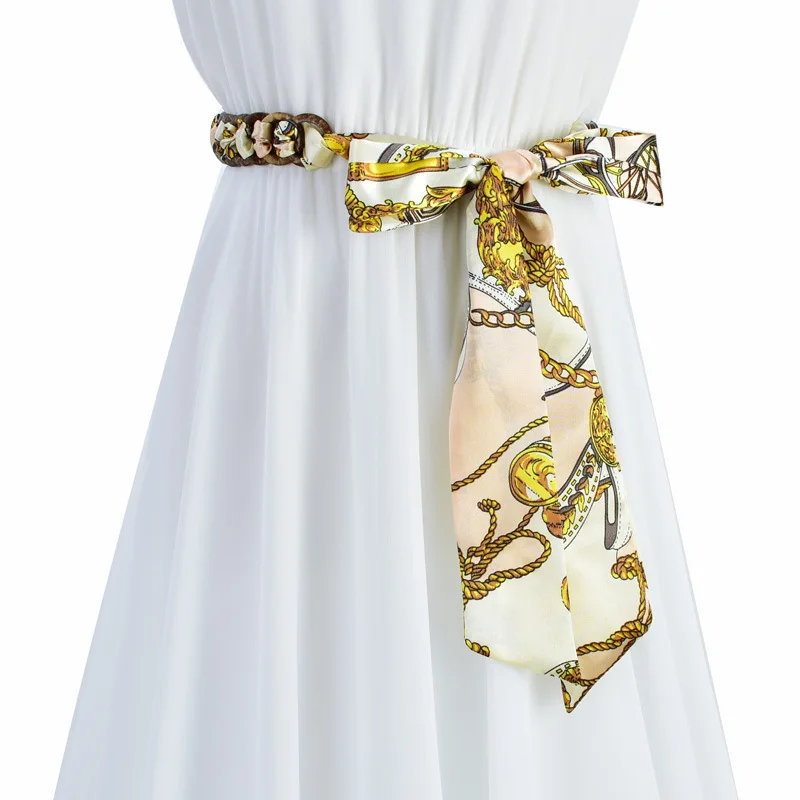 Ethnic style silk knotted belt women's decorative dress versatile coconut shell belt streamer flower pattern decoration long