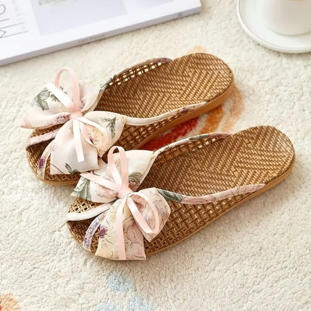 

Home Bowknot Linen Slippers Summer Women Soft-soled Breathable Slippers Four Seasons Wooden Floor Mute Indoor Flat Shoes Mules