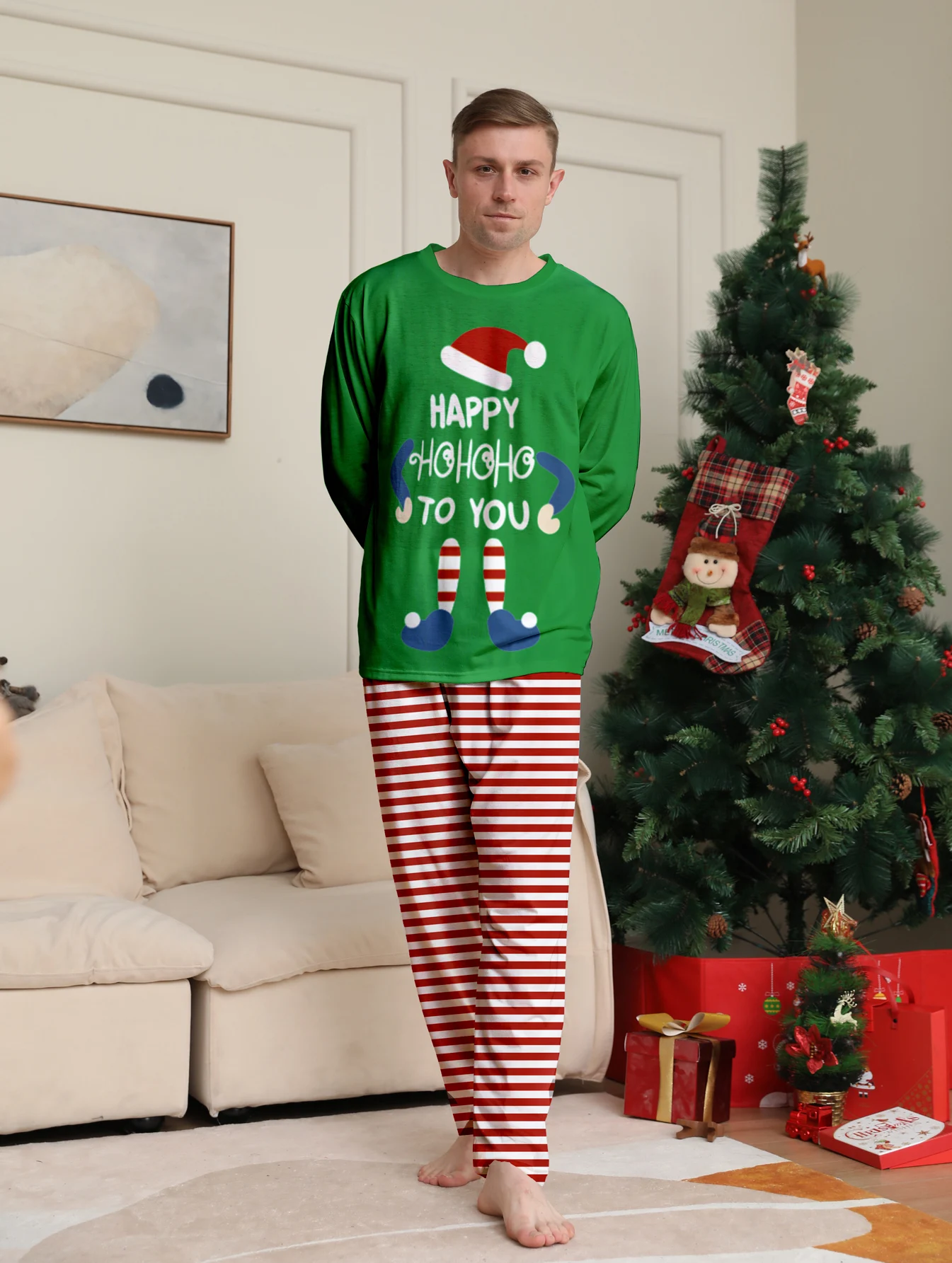 Christmas Couple Sleepwear Set Elf "Happy HoHoHo to You" Green Top Red White Striped Pajamas