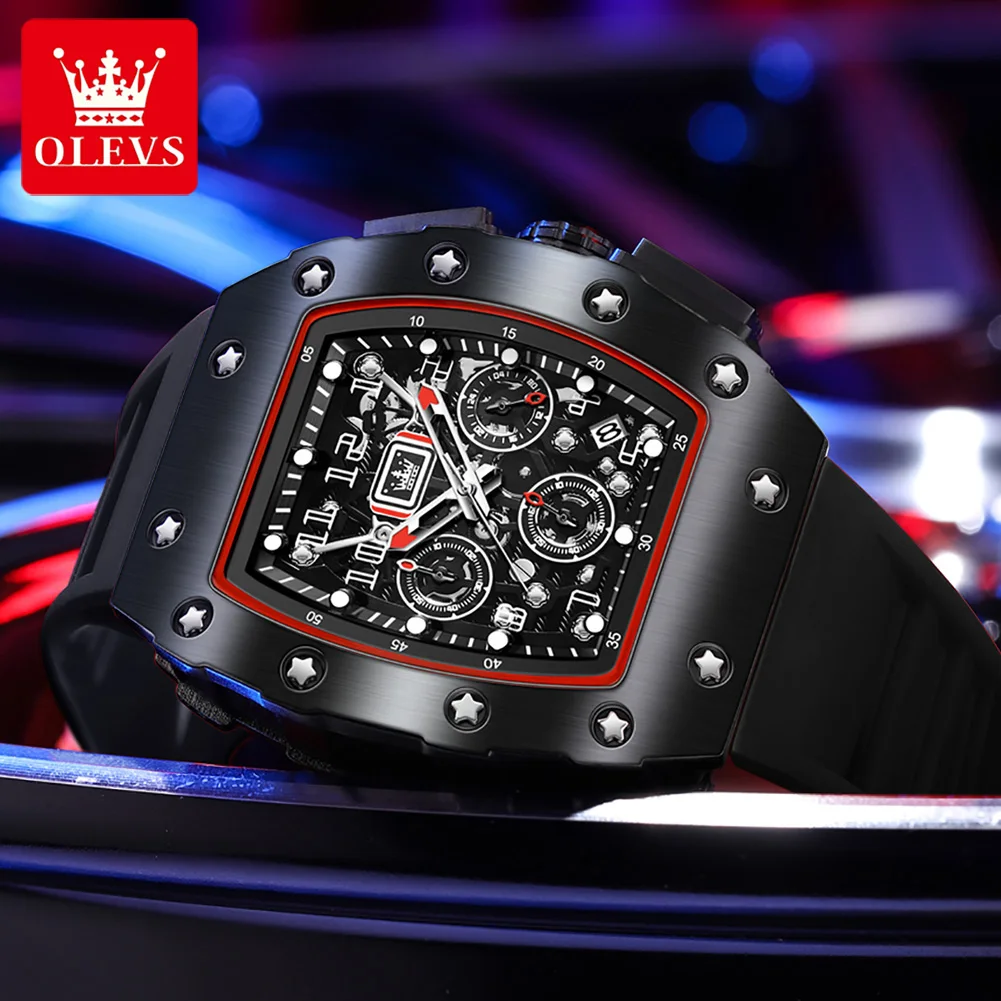 Olevs esportes barril forma relógio de quartzo masculino moda pulseira de silicone à prova dwaterproof água luminosa cronógrafo relógios masculinos marca superior luxo