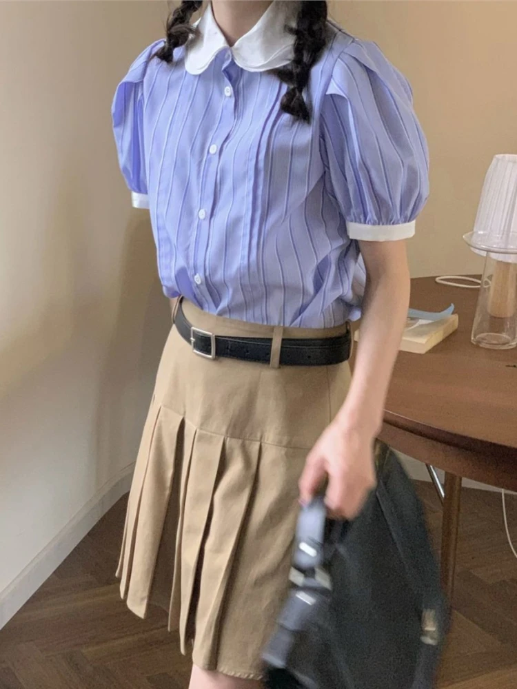 

French Y2K Burble Short Sleeve Shirts Sweet Blue Striped Lapel Tops Young Women Preppy Style College Girls Kawaii Blouse Summer