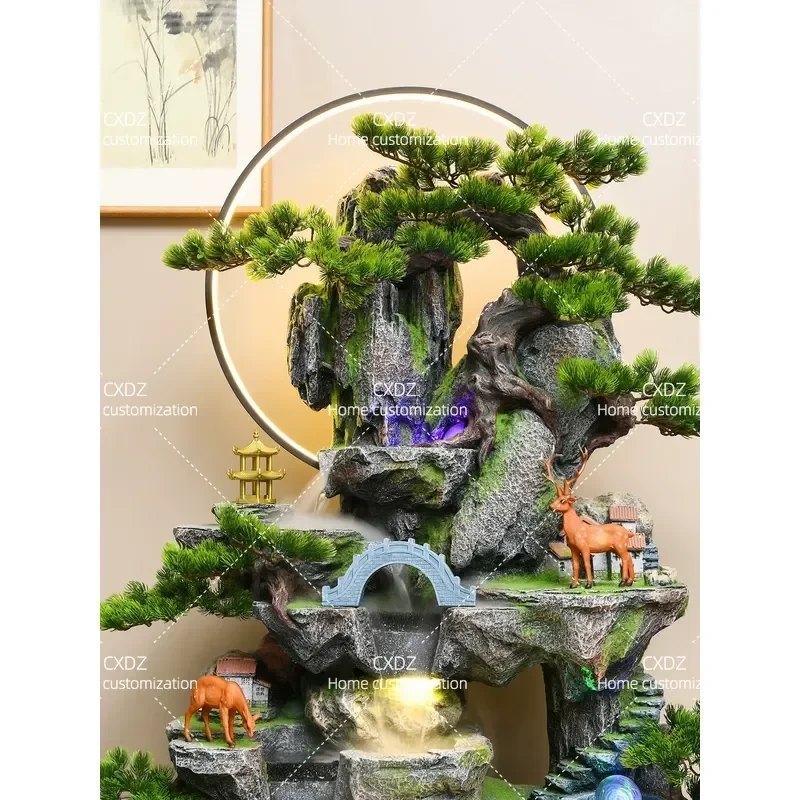 Chinese Zen Rockery Waterfall Fountain Indoor Desktop Circulating Water Feature with Feng Shui Wheel for Living Room Home